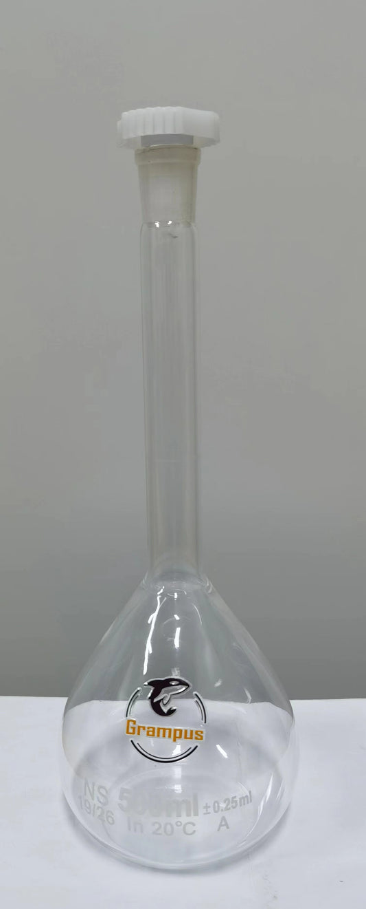 Premium Volumetric Flask 500mL with Stopper, Flat bottom, Class A, ASTM E288 - Superior Durability & Chemical Resistance, Borosilicate 3.3 Glass